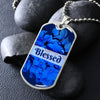 Blessed Inspirational Silver Dog Tag with beautiful blue flowers.  The word Blessed is on top of blue flowers.