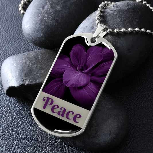 Peace Inspirational Silver Dog Tag with beautiful purple flower.  The word Peace is also purple.