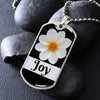 Joy Inspirational Silver Dog Tag with beautiful white flower.  The word Joy is beneath the white flower.