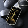 Silver Child of God Man of Faith dog tag with gold cross and black background and silver ball chain.