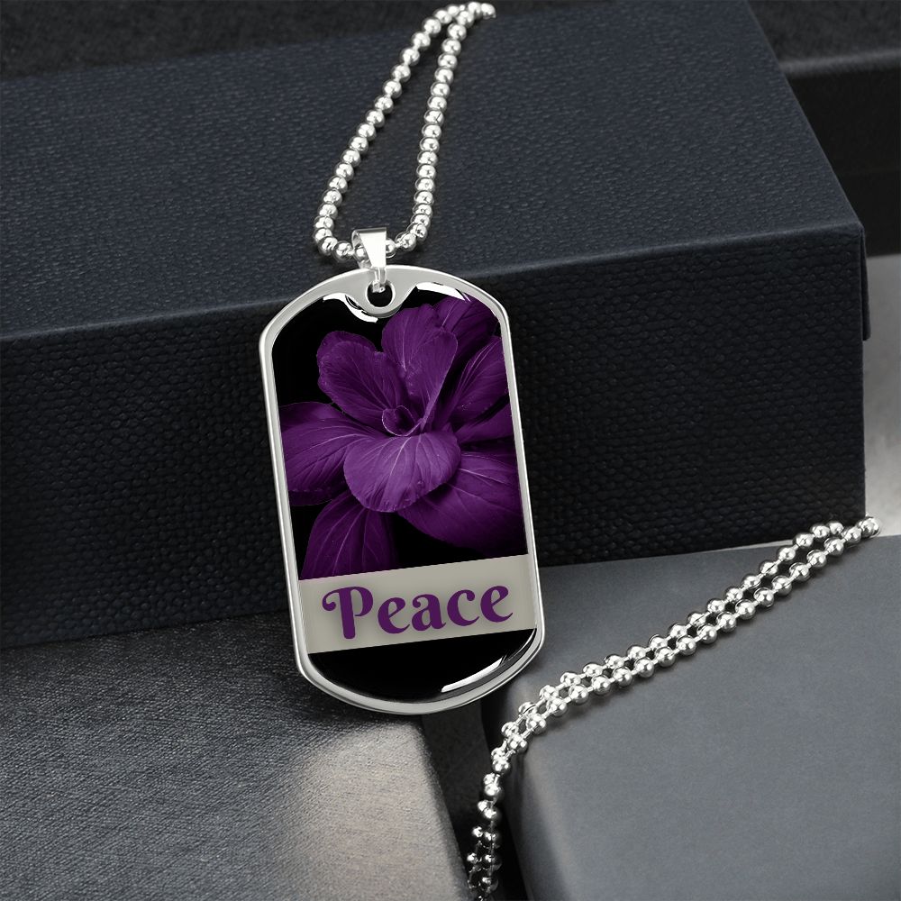 Peace Inspirational Dog Tag Necklace - Purple Flower