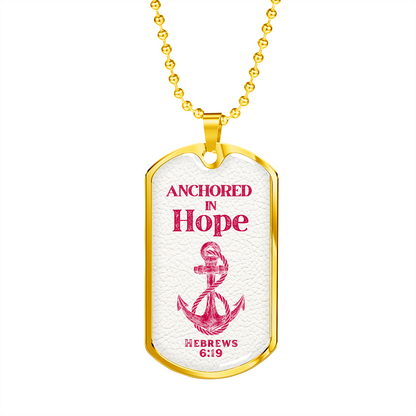 Anchored In Hope Bible Verse Dog Tag Necklace | Pink Anchor