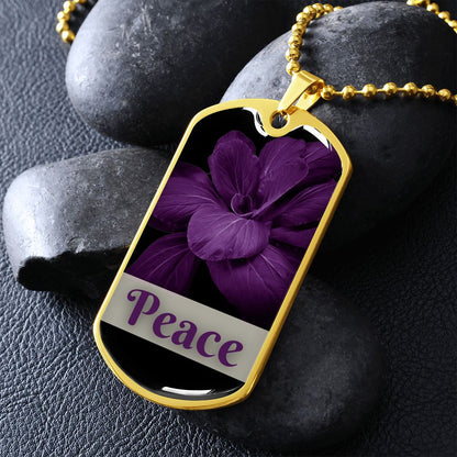 Peace Inspirational Gold Dog Tag with beautiful purple flower.  The word Peace is also purple.