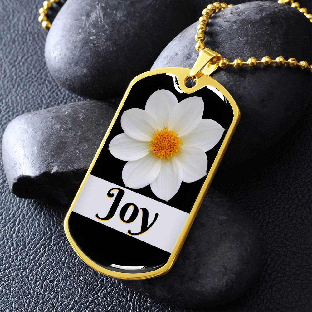 Joy Inspirational Gold Dog Tag with beautiful white flower.  The word Joy is beneath the white flower.