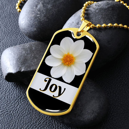 Joy Inspirational Gold Dog Tag with beautiful white flower.  The word Joy is beneath the white flower.