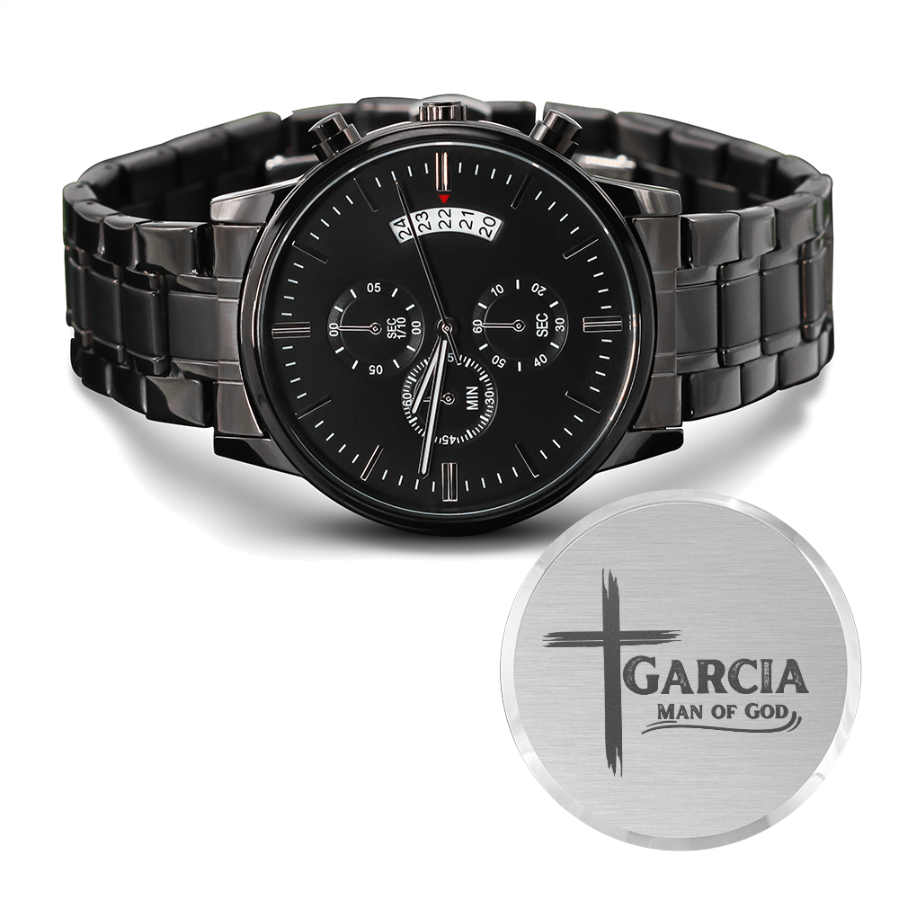 Men's Chronograph Black Watch - Personalized Man of God With Cross