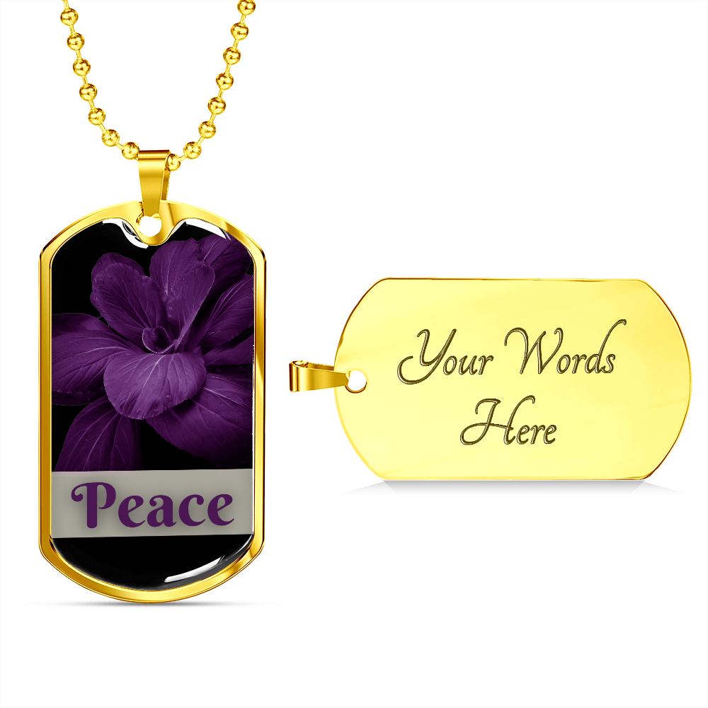 Engrave Peace Inspirational Silver Dog Tag with beautiful purple flower.  The word Peace is also purple.