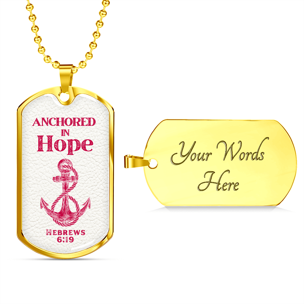 Anchored In Hope Bible Verse Dog Tag Necklace | Pink Anchor