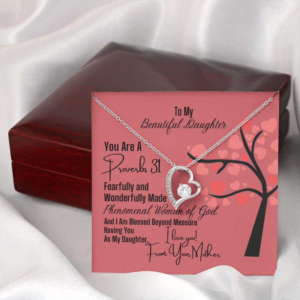 To Daughter From Mother - Heart Necklace and Proverbs 31 Message Card