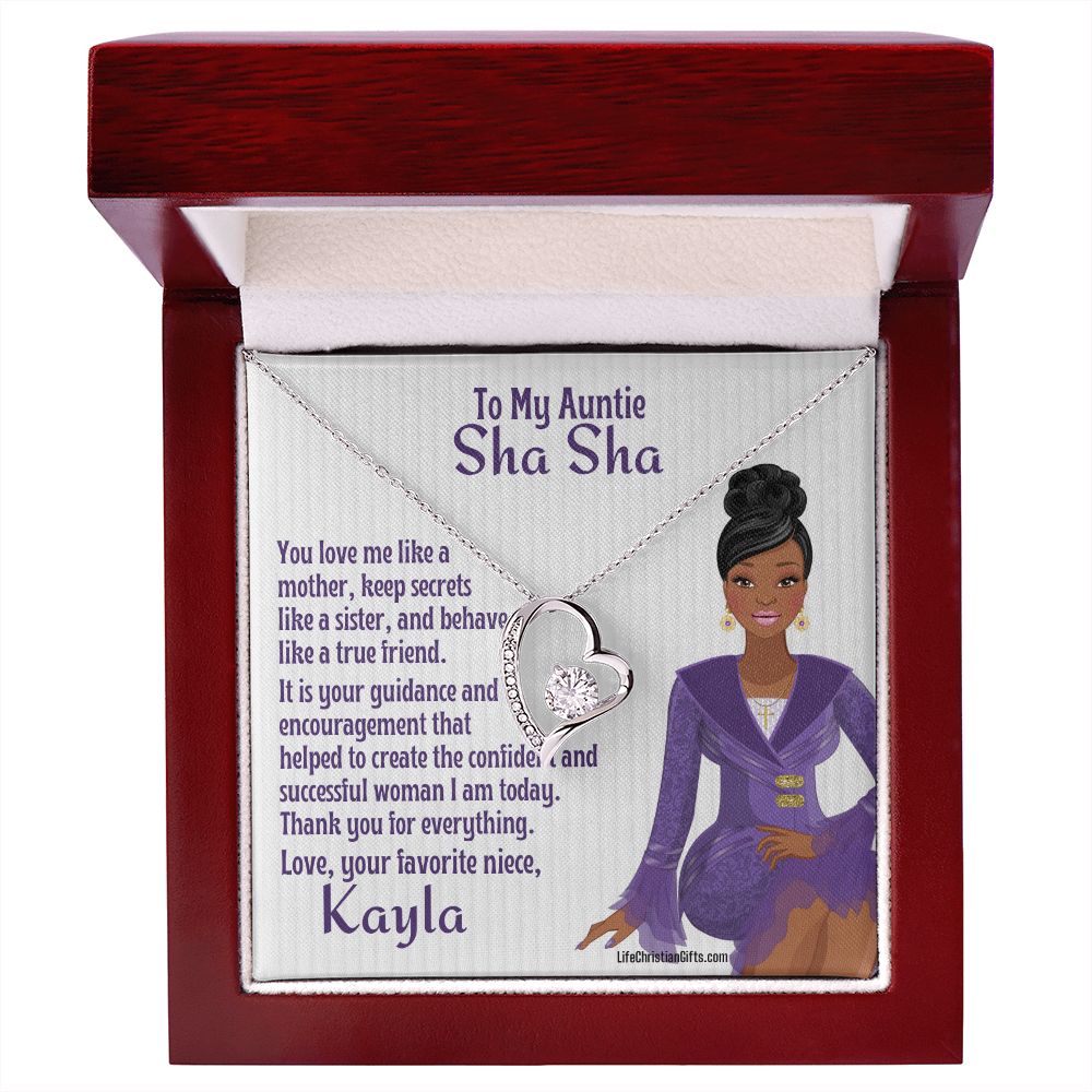 To Auntie CZ Silver Heart Necklace With African American woman on jewelry message card in mahogany box
