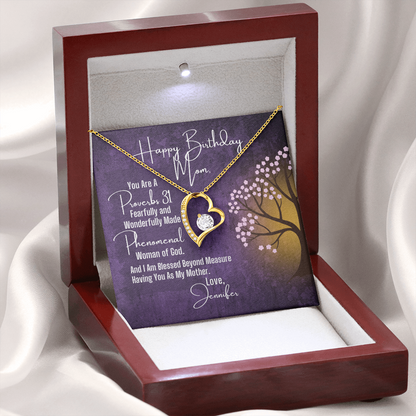 To Mom Birthday, Heart Necklace and Proverbs 31 Personalized Message Card
