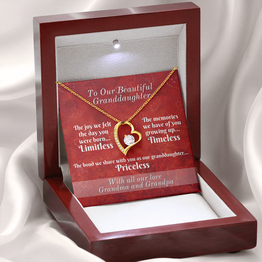 To Granddaughter From Grandparents - Heart Necklace and Limitless, Timeless, and Priceless Message Card