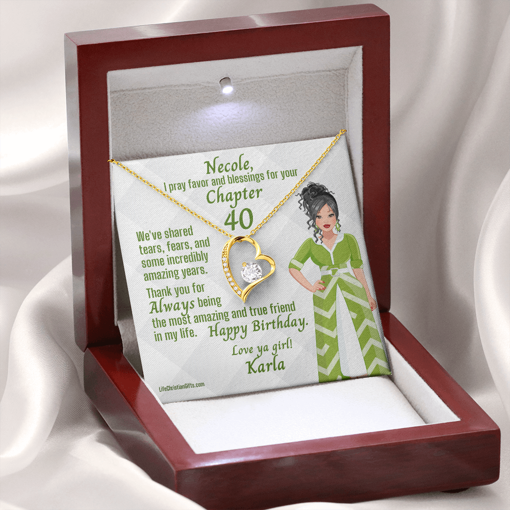 Chapter Birthday Gold Heart Necklace and Hispanic Girl Message Card Open Mahogany Gift Box