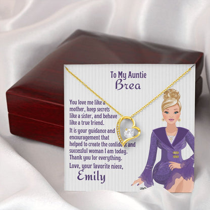 Personalized Message Card to Auntie With Gold CZ Heart Necklace out of mahogany gift box  