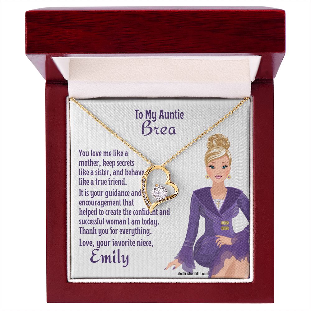 Personalized Message Card to Auntie With Gold CZ Heart Necklace  and mahogany gift box