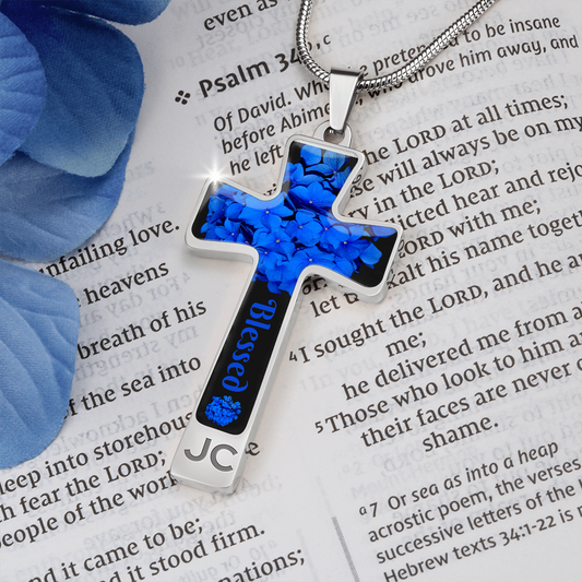 Blessed Blue Flowers Cross Necklace