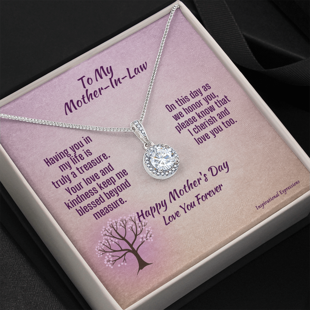 Mother-In-Law Mother's Day Cubic Zirconia Pendant Necklace and Jewelry Message Card -Treasure