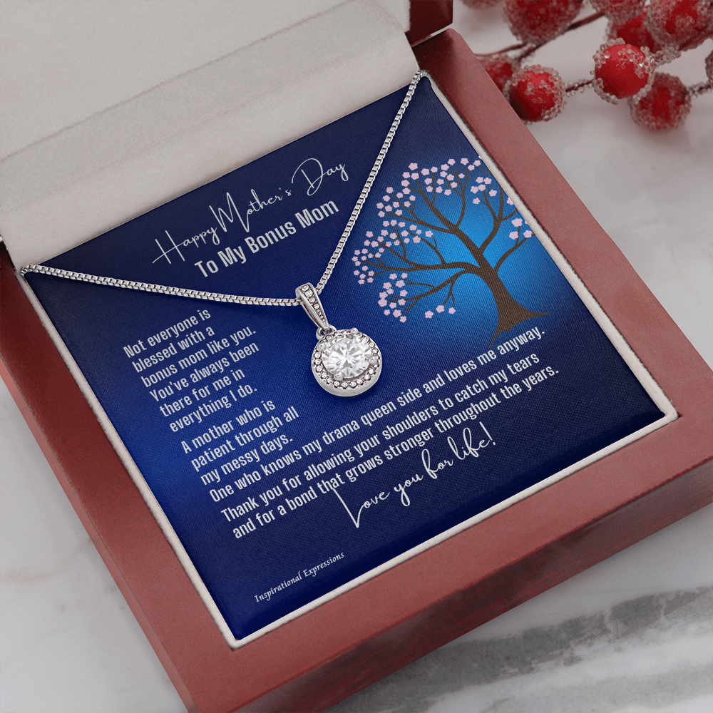 Bonus Mom Mother's Day Cubic Zirconia Pendant Necklace and Jewelry Message Card - Tree