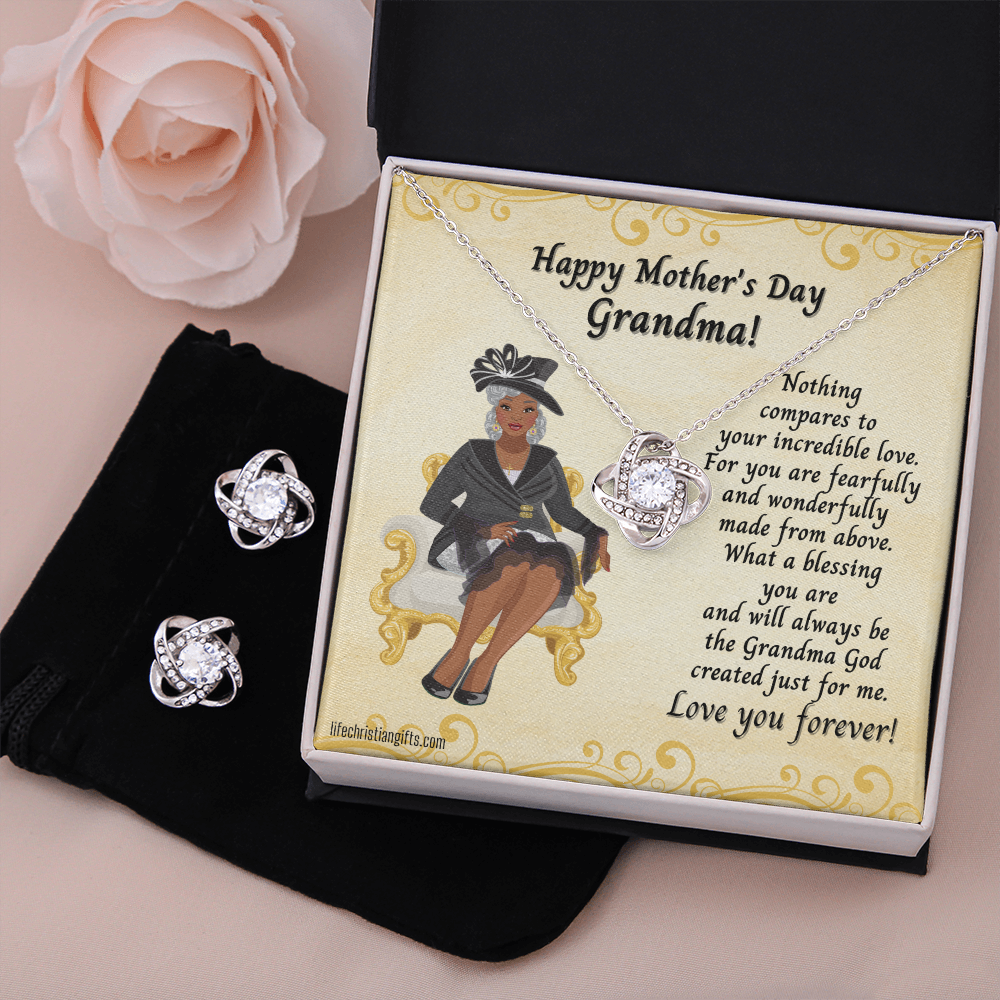 Mother's Day Message Card To Grandmother - Love Knot Necklace And Earrings Set - Nothing Compares