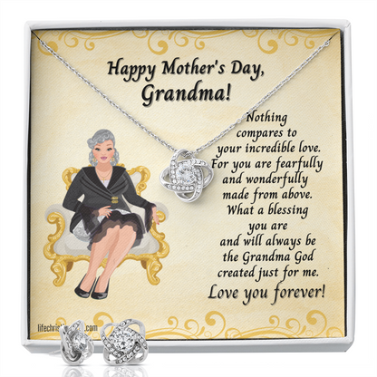 Mother's Day Message Card To Grandma - Love Knot Necklace And Earrings - Nothing Compares