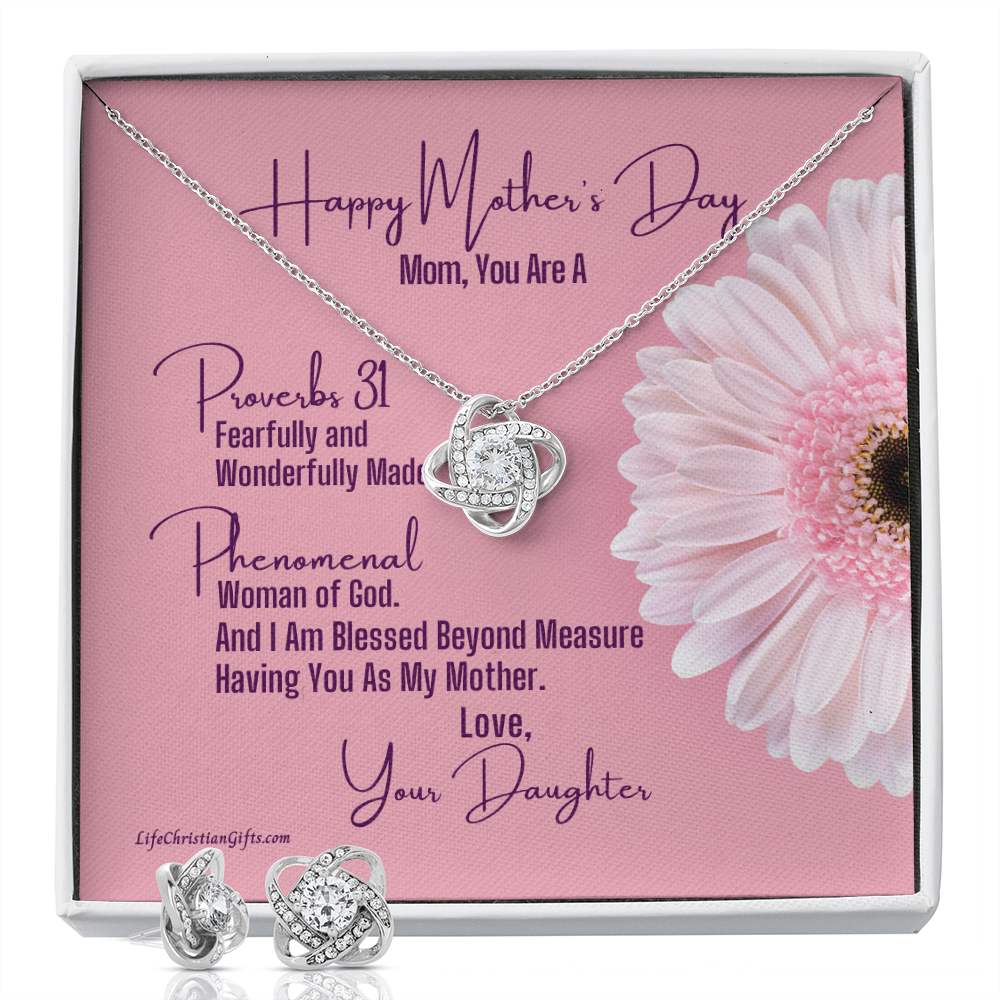 Mother's Day Message Card From Daughter - Love Knot Necklace And Earring Set - Proverbs 31