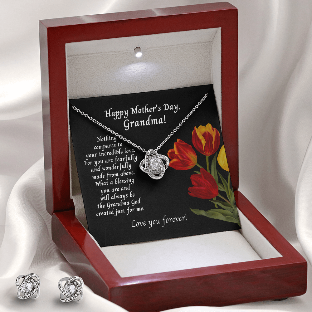 To Grandmother On Mother's Day Love knot necklace with tulips on  message card.