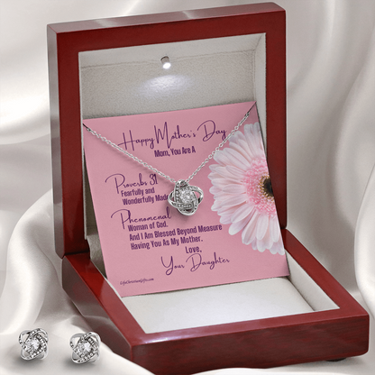 Mother's Day Message Card From Daughter - Love Knot Necklace And Earring Set - Proverbs 31