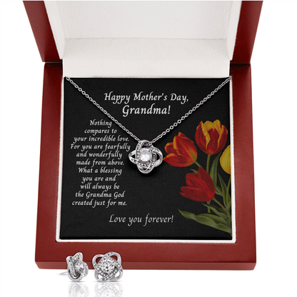 Mother's Day Message Card To Grandmother With Tulips Love Knot Necklace And Earrings - Nothing Compares