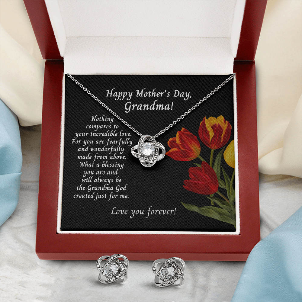 Mother's Day Message Card To Grandmother With Tulips Love Knot Necklace And Earrings - Nothing Compares