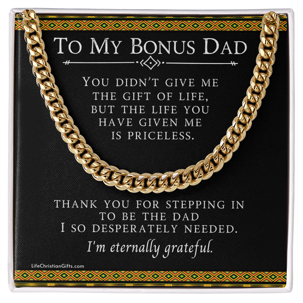 To My Bonus Dad Cuban Link Stainless Steel Chain With Kente Border Design