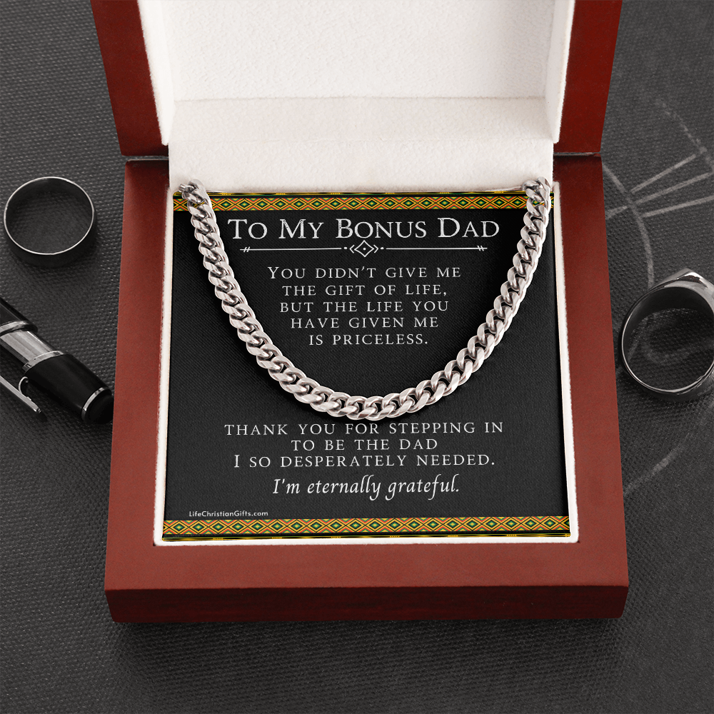 To My Bonus Dad Cuban Link Stainless Steel Chain With Kente Border Design