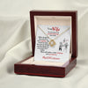 Load image into Gallery viewer, To Wife 18k yellow gold finish Love Knot necklace with jewelry message card. Card features special message to wife with an elderly man and woman singing together. Card is white background. In a mahogany box with card standing inside.