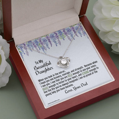 Daughter From Dad Love Knot Necklace | Look In The Mirror Message Card With Purple Flowers