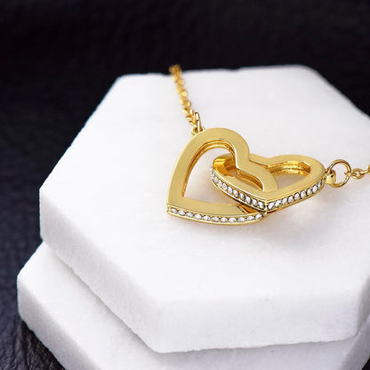 To daughter from dad - 18k yellow gold filled Interlocking Heart Necklace on white display.