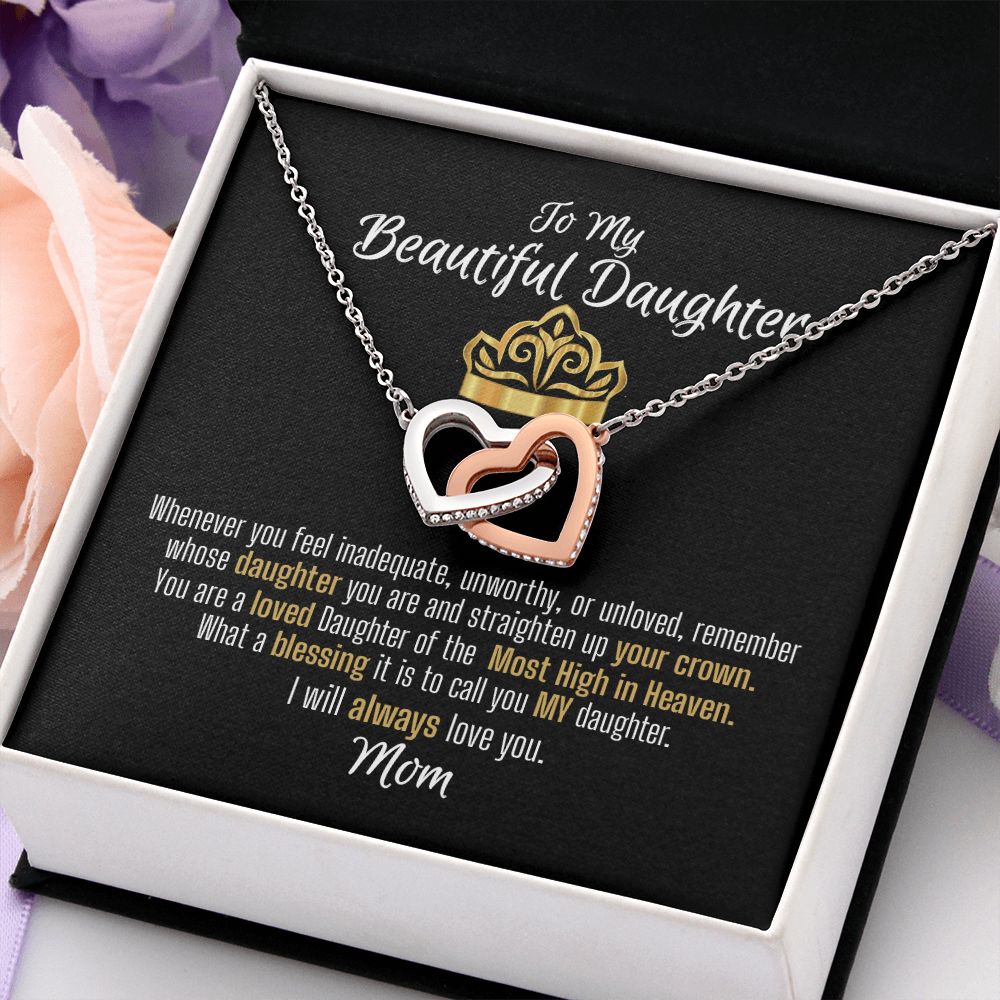 To daughter from mom - Rose gold and stainless steel Interlocking Heart Necklace in white gift box.
