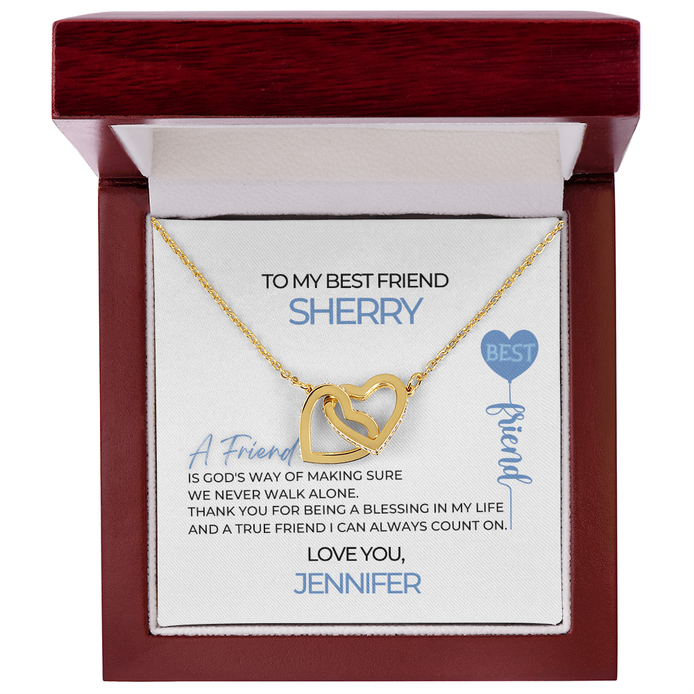 Interlocking Heart Necklace With Yellow Gold Finish And Best Friend Necklace Message Card In Luxury Mahogany Box