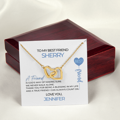Interlocking Heart Necklace With Yellow Gold Finish And Best Friend Necklace Message Card With Closed Luxury Mahogany Box 
