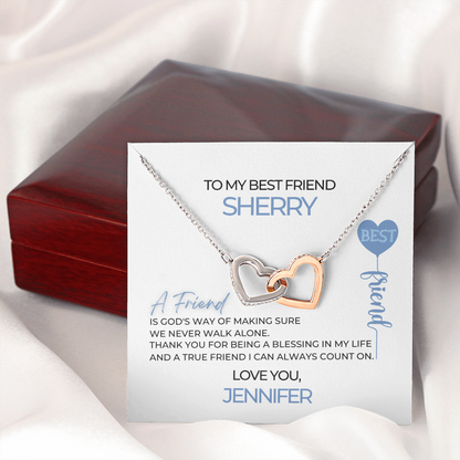 Interlocking Heart Necklace With Rose Gold Finish And Best Friend Necklace Message Card In Luxury Mahogany Box