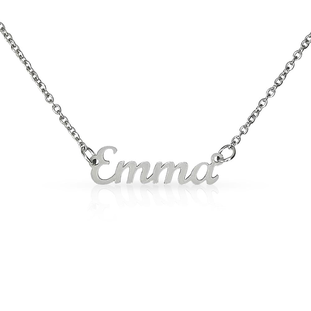 American Stainless Steel custom name necklace. Name featured here is "Emma" Supports up to 8 characters for the name necklace. Name height measures 0.3".