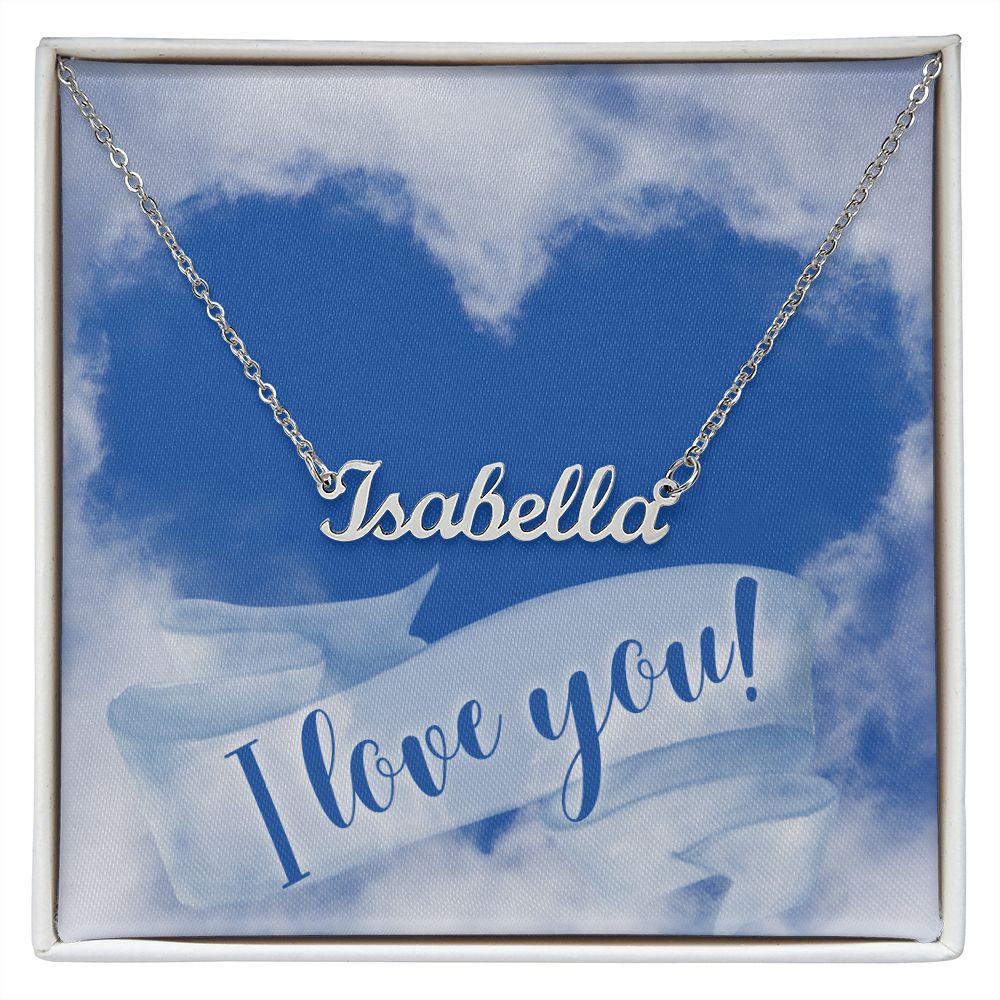 American Stainless Steel custom name necklace with I love you message card. Name featured here is "Isabella." Supports up to 8 characters for the name necklace. Name height measures 0.3".