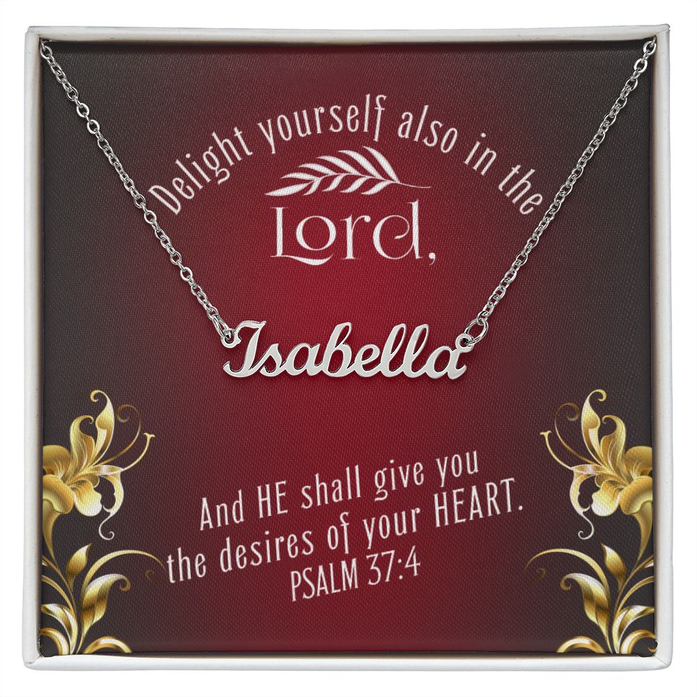 Custom Stainless Steel Name Necklace With Bible Verse Jewelry Message Card. Card features Bible verse Psalm 37:4 - Delight yourself also in the Lord. Shown is a white and black gift box. The card in box has a red background.