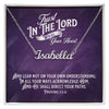 Custom Stainless Steel Name Necklace With Bible Verse Jewelry Message Card. Card features Bible verse Proverbs 3:5-6 - Trust In The Lord With All Your Heart. A white and black gift box is shown. The card in box has a deep purple background.