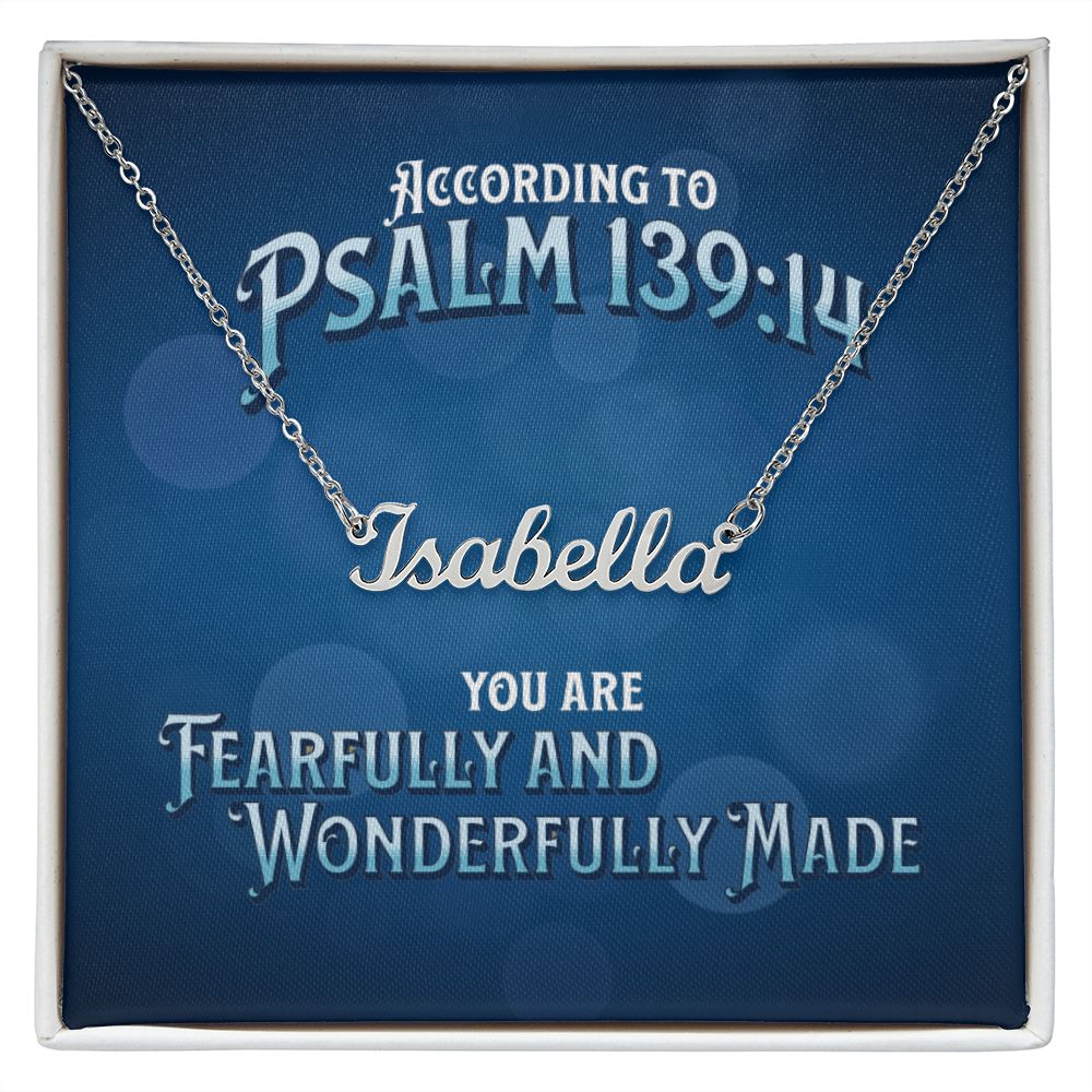 Name Necklace With Bible Verse Jewelry Message Card. Card features Bible verse Psalm 139:14 -Fearfully and Wonderfully Made. Stainless Steel  Custom Name Necklace.