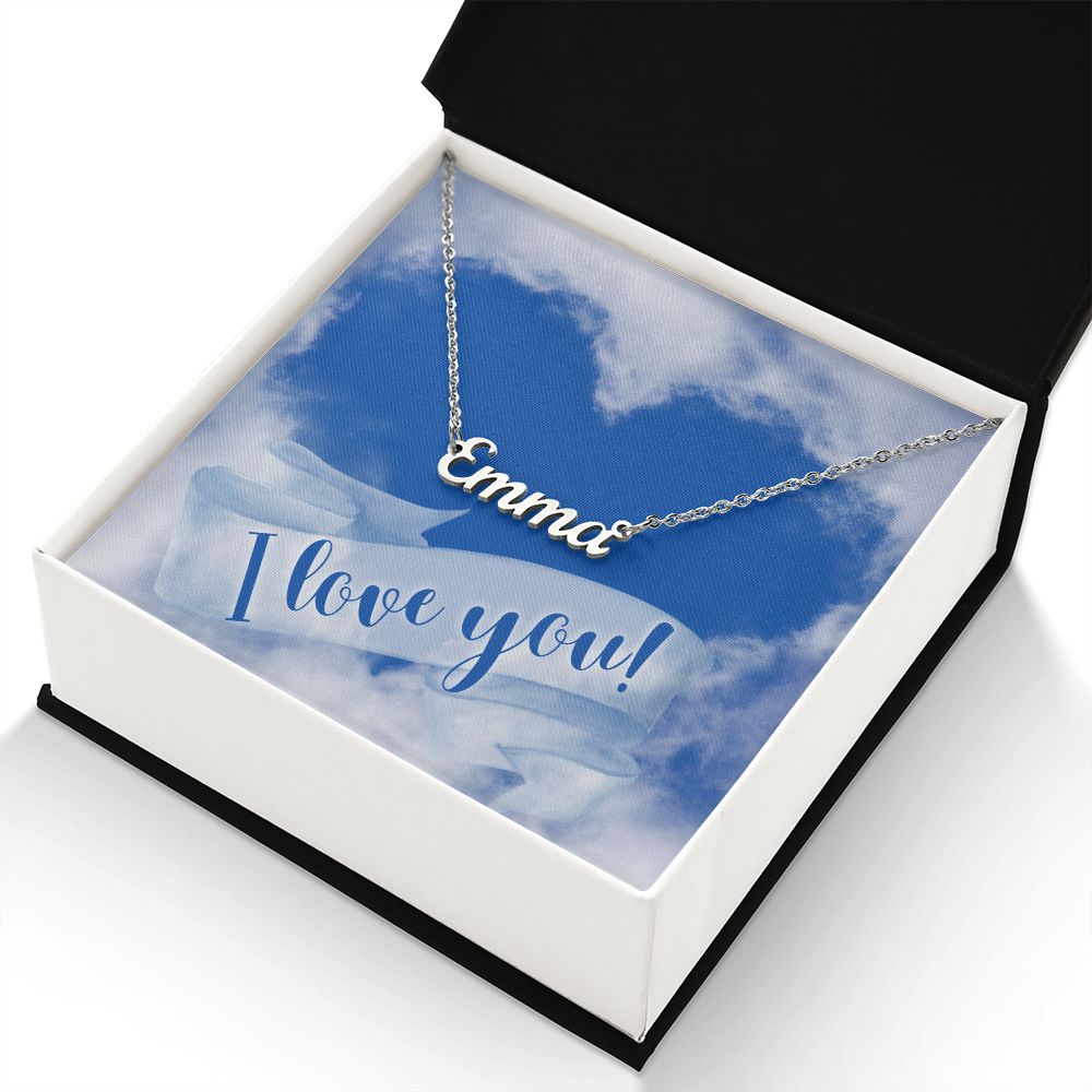 20 Guage American Stainless Steel custom name necklace with I love you message card. Name featured here is "Emma." Supports up to 8 characters for the name necklace. Name height measures 0.3".