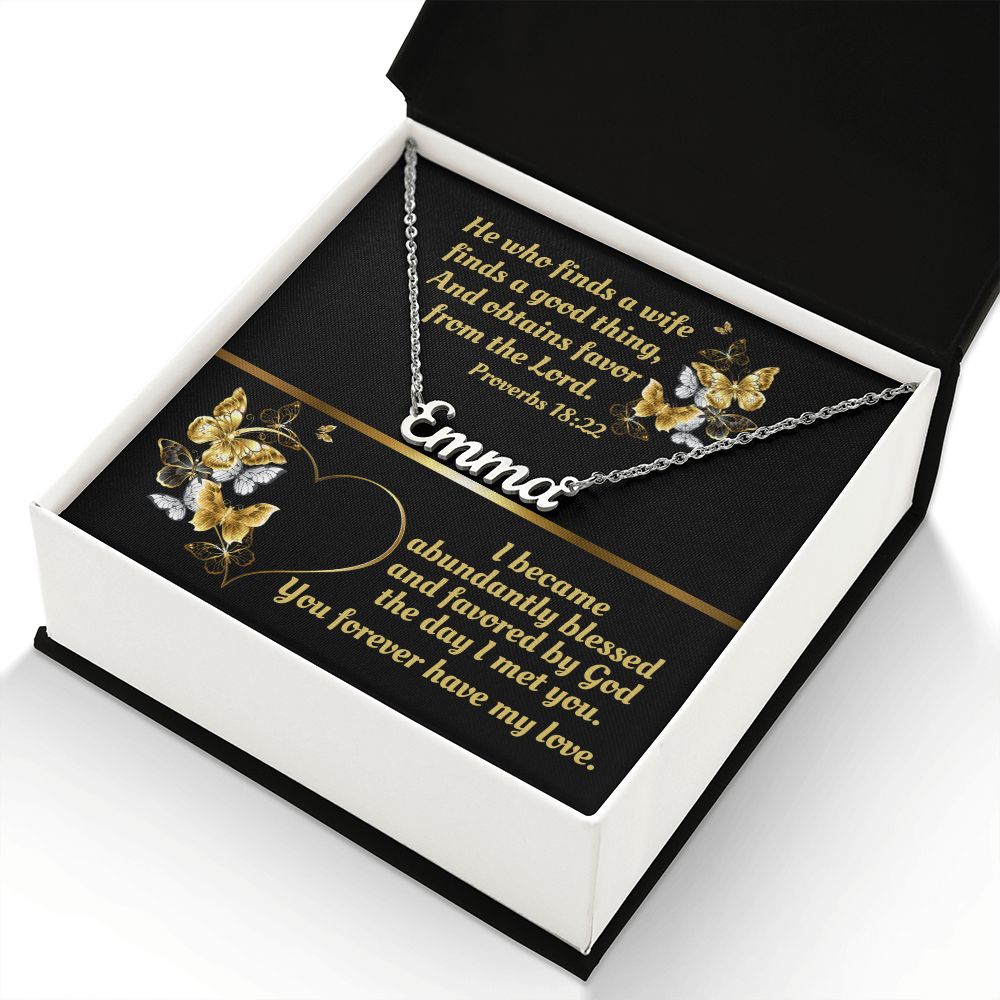 Custom Name Necklace To Wife Bible Verse Butterfly Card  - Proverbs 18:22