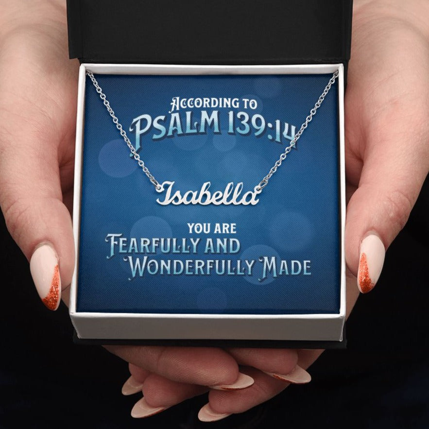 Custom Stainless Steel Name Necklace With Bible Verse Jewelry Message Card. Card features Bible verse Psalm 139:14 -Fearfully and Wonderfully Made. Card also has blue background. 