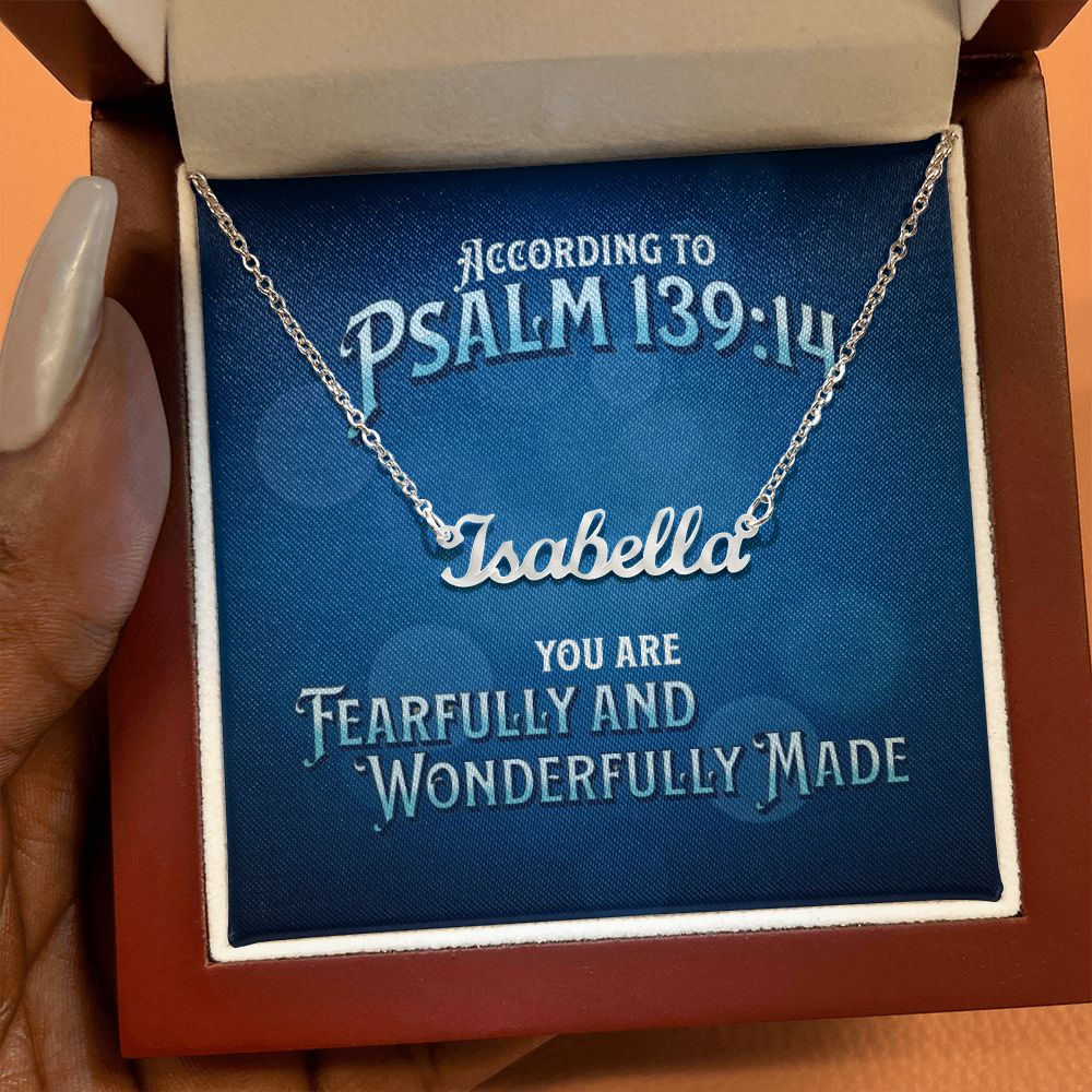 Custom Name Necklace And Bible Verse Psalm 139:14 Message Card - Blue