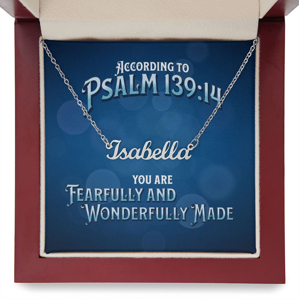Custom Stainless Steel Name Necklace With Bible Verse Jewelry Message Card. Card features Bible verse Psalm 139:14 -Fearfully and Wonderfully Made. Showing closeup of card that has a blue background in a mahogany gift box.