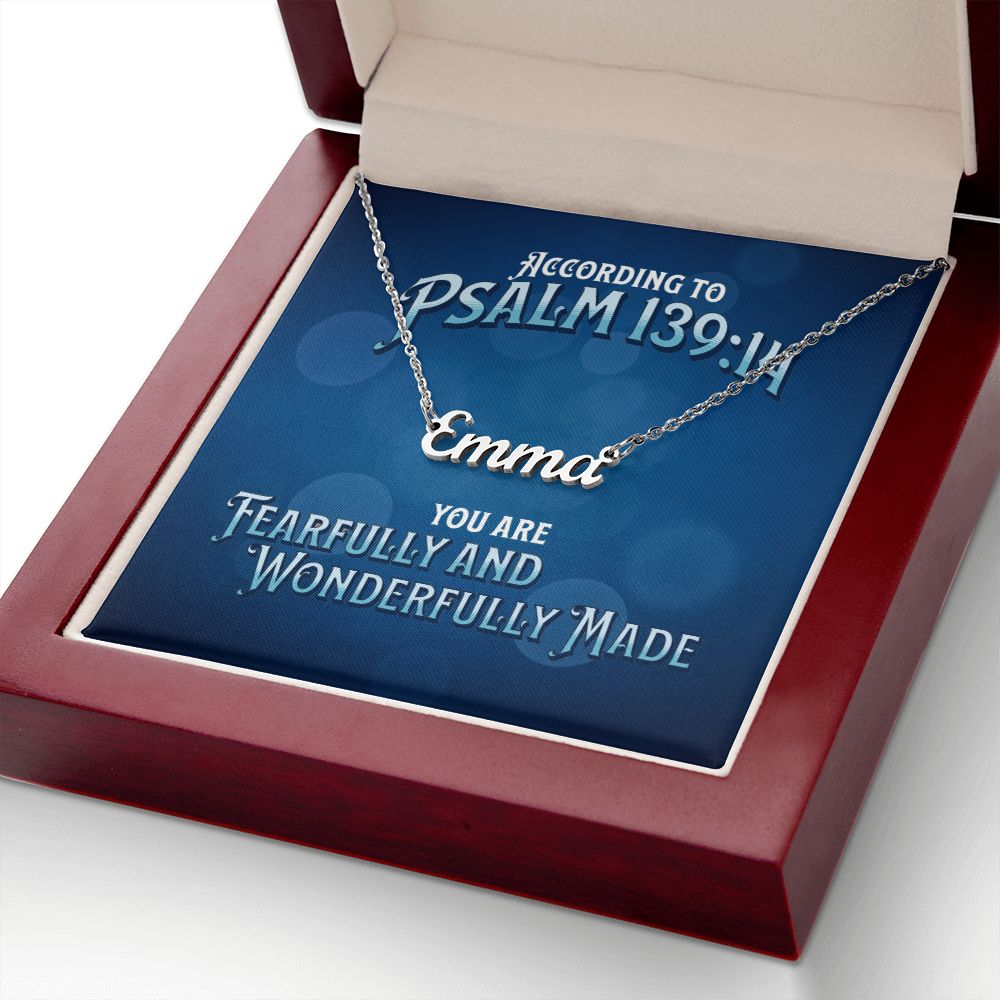Custom Name Necklace And Bible Verse Psalm 139:14 Message Card - Blue