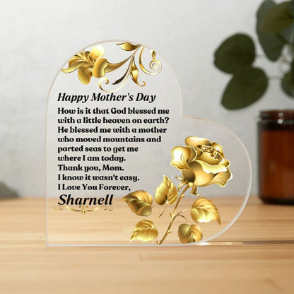 Personalized Heart Shaped Acrylic Desk Plaque with Christian faith message to Mom. The clear acrylic plaque features a gold rose and a signature line at the bottom for gift givers name.